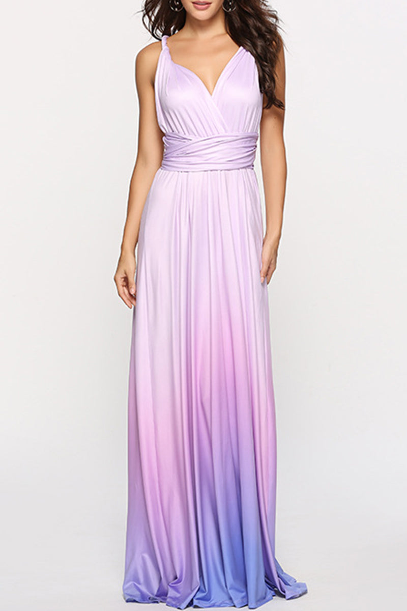 Vestido de Noite com Decote em V e Banda de Contraste de Mudança Gradual Sensual