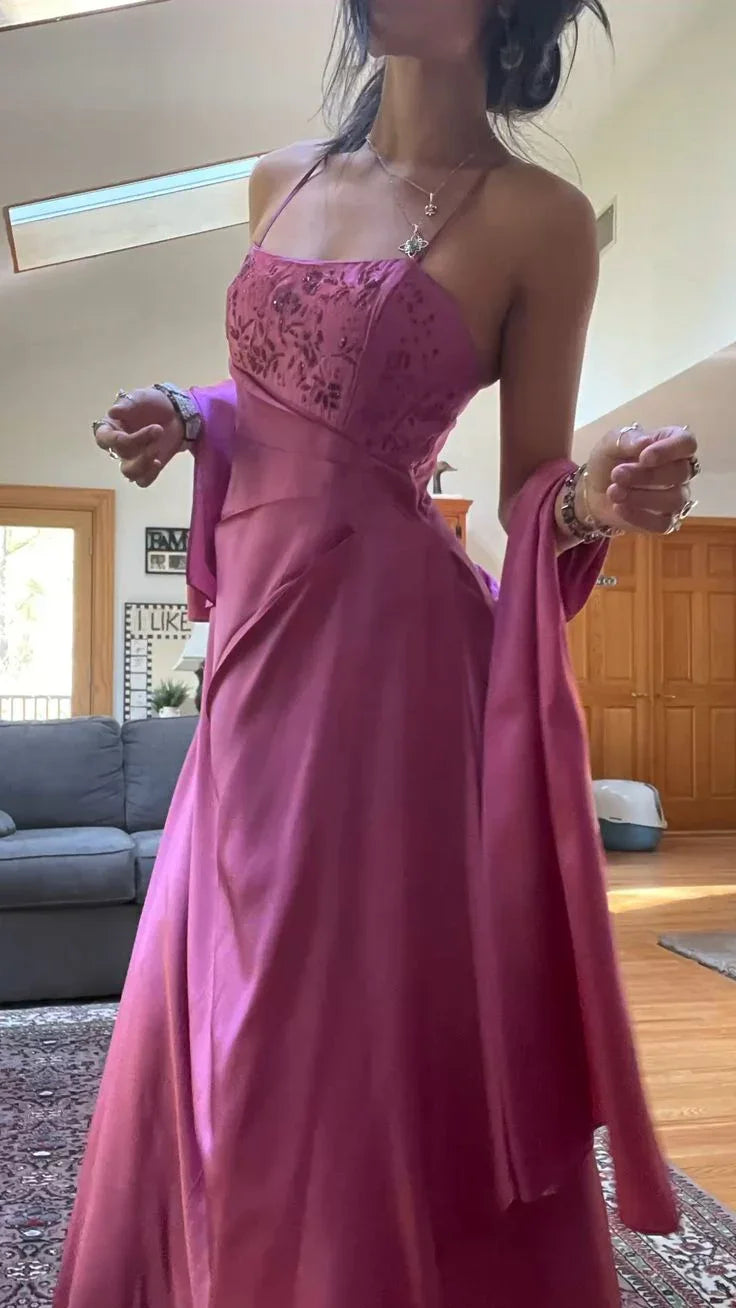 Splendido abito da sera lungo rosa a linea ad A con perline Y7532