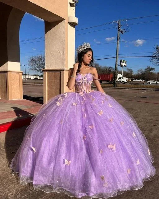 Vestido de Princesa em Tule Roxo Deslumbrante com Borboletas, Vestido de Baile, Vestido Doce 16 Y5463