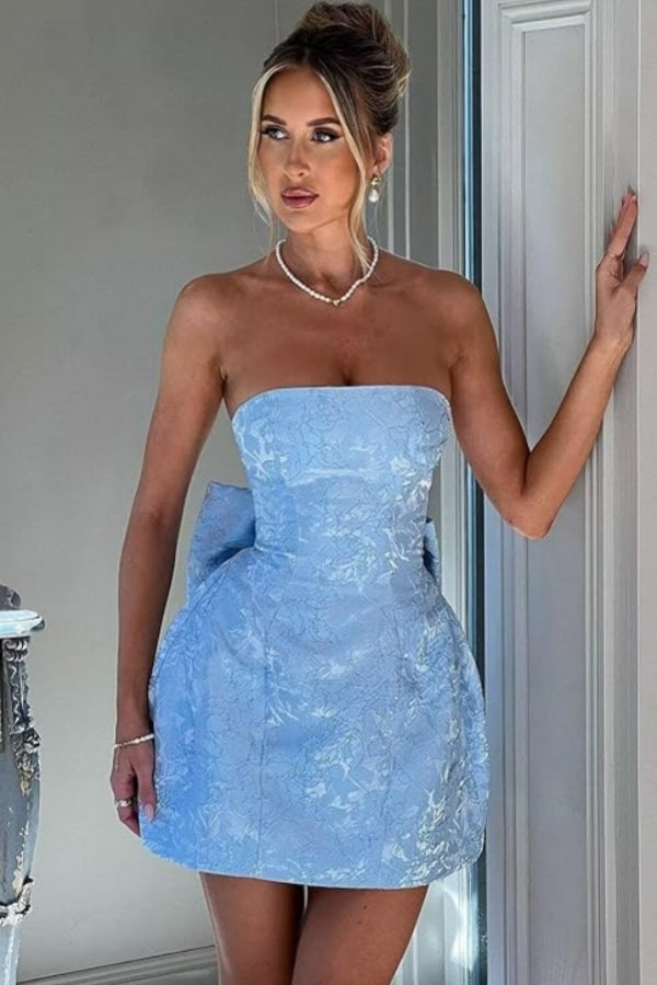 Robe courte de bal bustier pour retour à la maison, robe de fête sans manches à laçage en satin jacquard avec nœud
