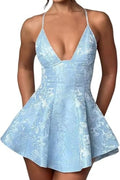 Vestido curto em linha A, com alças ao pescoço, costas descobertas, para festa de regresso a casa, em cetim com folhos, jacquard, para festas