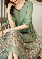 Vestido largo de gasa verde con volantes bordados de verano 