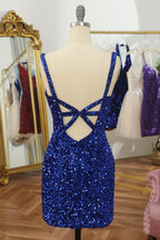 Mia | Vestido Justo para Regresso a Casa com Lantejoulas e Costas Abertas Azul Claro