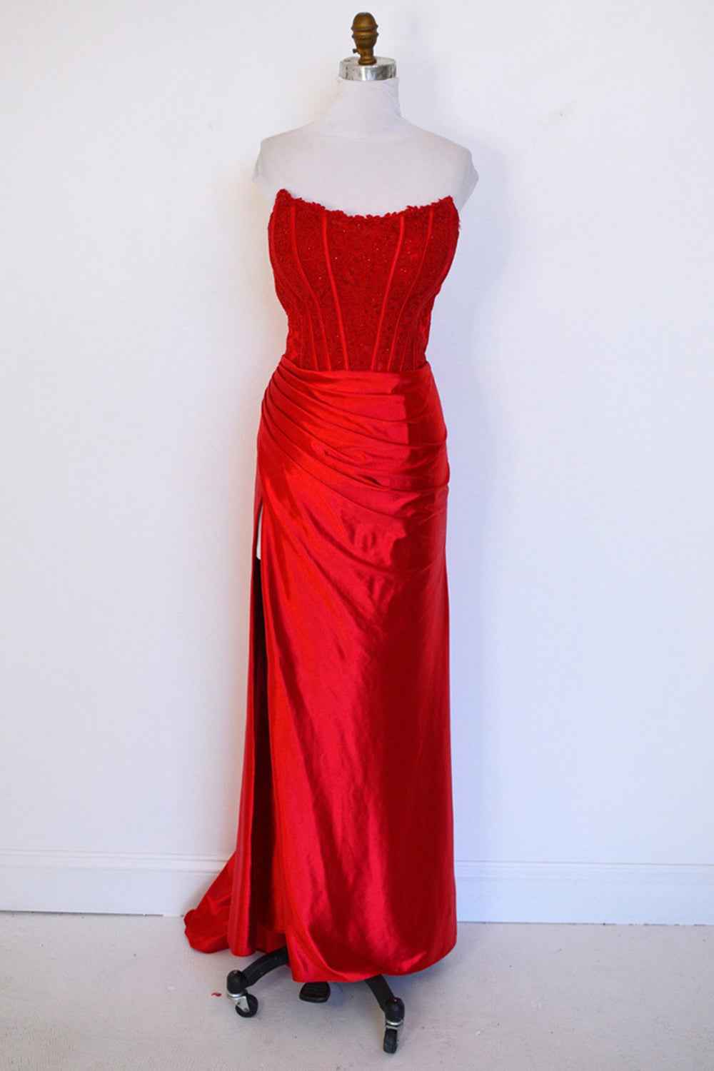 Fuchsia Strapless Corset Mermaid Long Satin Prom Dress with Slit