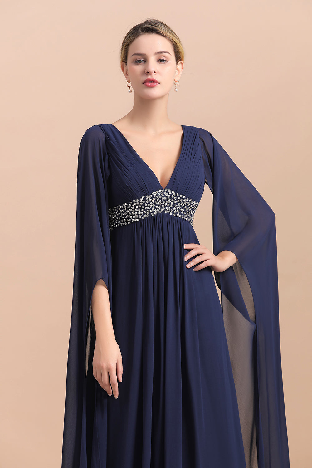 BMbridal Navy Long Sleeve Chiffon Mother Of the Bride Dress With Ruffles Online