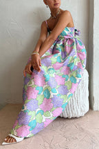 Robe mi-longue ligne A imprimée florale avec nœud papillon dans le dos, déesse du jardin