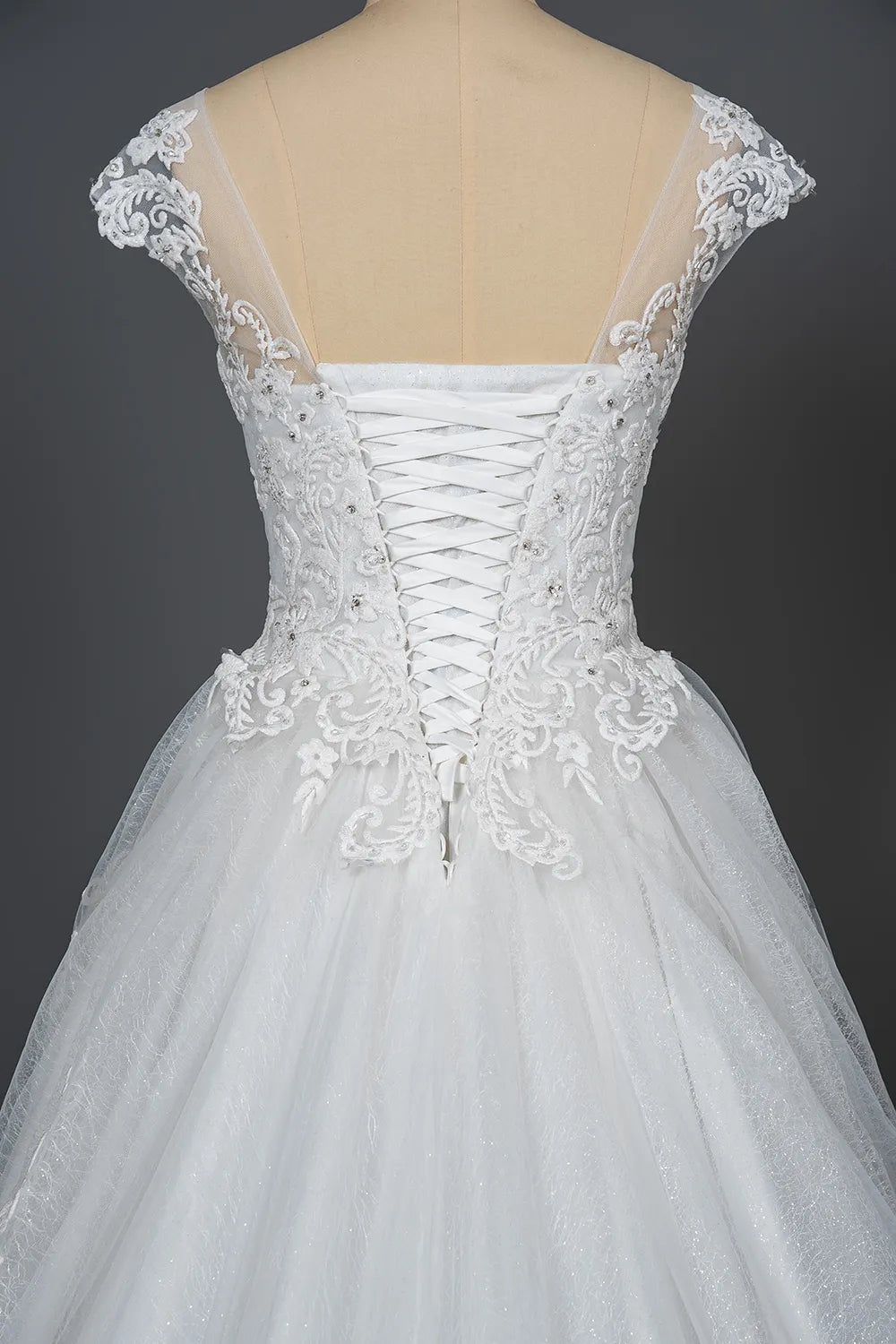Cap Sleeve Ball Gown Wedding Dress With Sheer Tulle And Lace V Neck