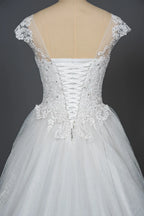 Cap Sleeve Ball Gown Wedding Dress With Sheer Tulle And Lace V Neck