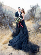 Elegant Black Floor Length A Line Strapless Wedding Dress With Tulle