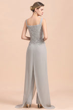 BMbridal Elegant Silver Lace Top Chiffon Mother of Bride Jumpsuit Online with Wrap