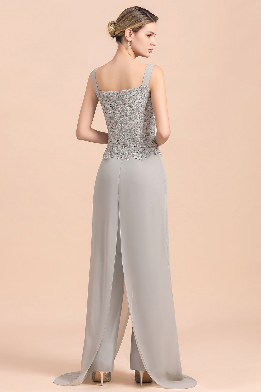 BMbridal Elegant Silver Lace Top Chiffon Mother of Bride Jumpsuit Online with Wrap