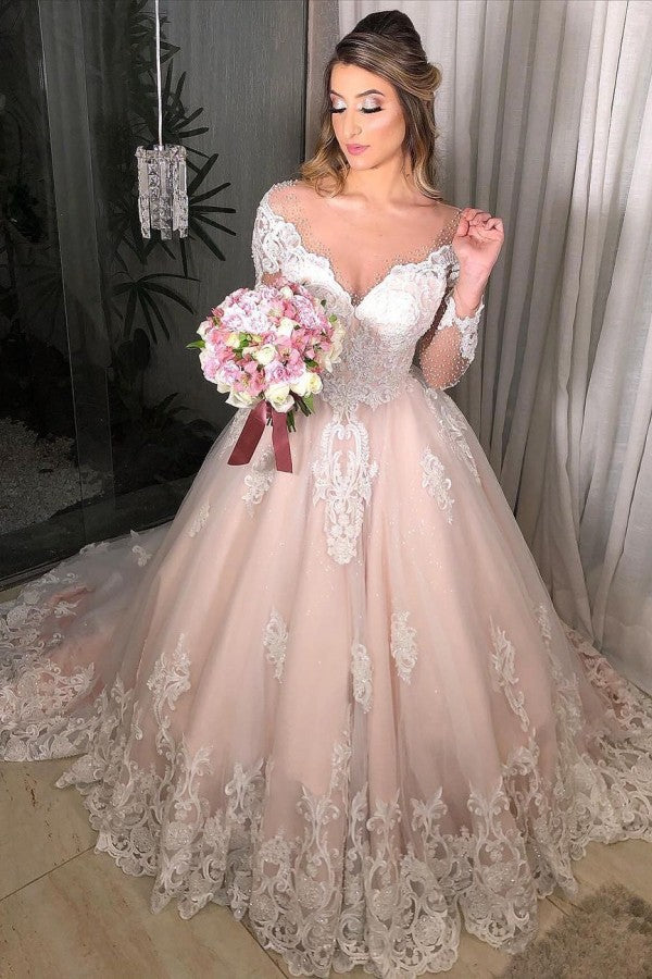 Princess Off Shoulder Tulle Long Sleeves Floral Lace Appliques Wedding Dress