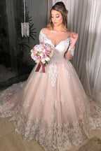Princess Off Shoulder Tulle Long Sleeves Floral Lace Appliques Wedding Dress