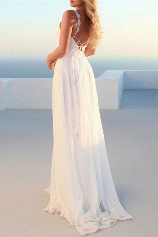 Beach Lace Bohemian Wedding Dress With V Neckline Details