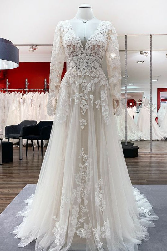 Ivory Long Sleeves A Line Lace Open Back Wedding Dress with Tulle Appliques