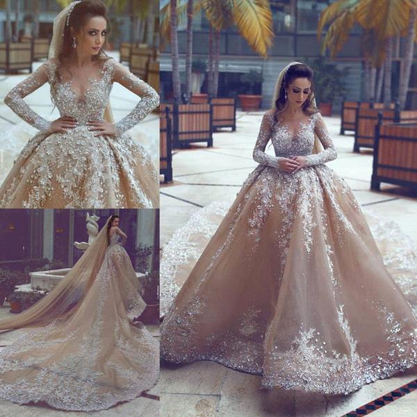 Long Sleeves Beaded Ball Gown Wedding Dress With Appliques