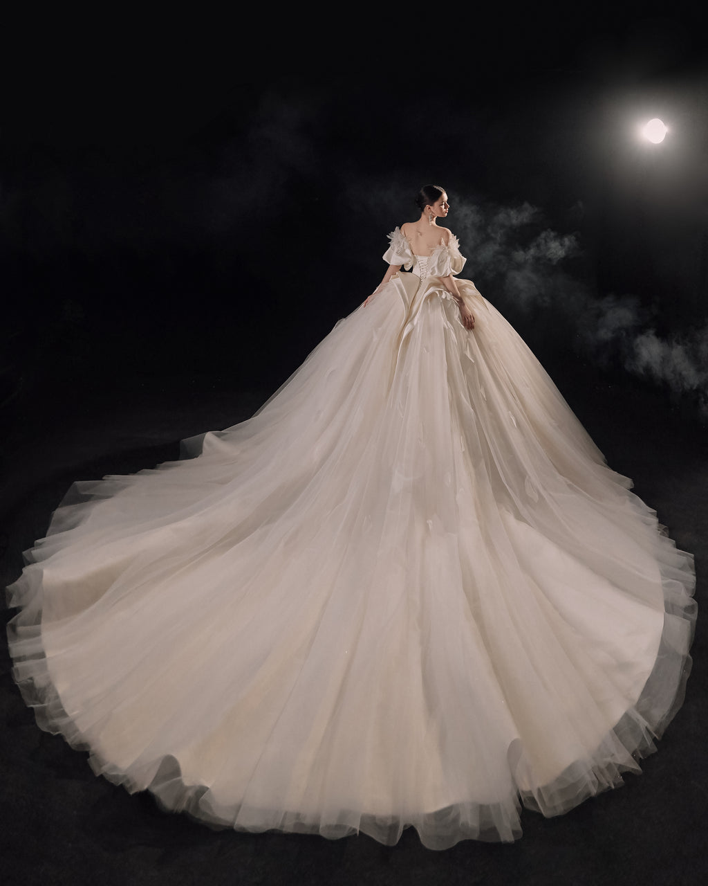 Abito da sposa etereo in raso con piume, scollatura a spalle scoperte, gonna ampia, strascico a cattedrale e dettagli in cristallo