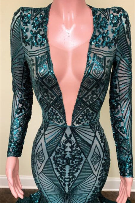 Vestido de Festa Sereia com Decote em V, Mangas Compridas, Renda e Lantejoulas Verde Esmeralda