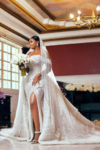 Off The Shoulder Beaded Sequined Mermaid Wedding Dress With Split Front