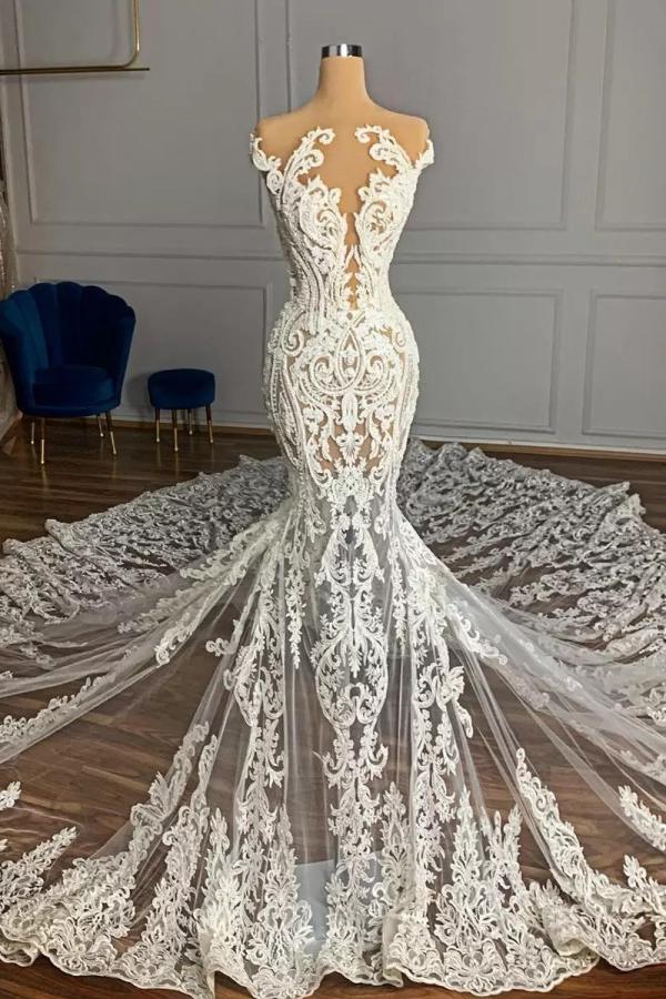 Mermaid Lace Wedding Dress With Beading And Appliques Sleeveless Built In Bra