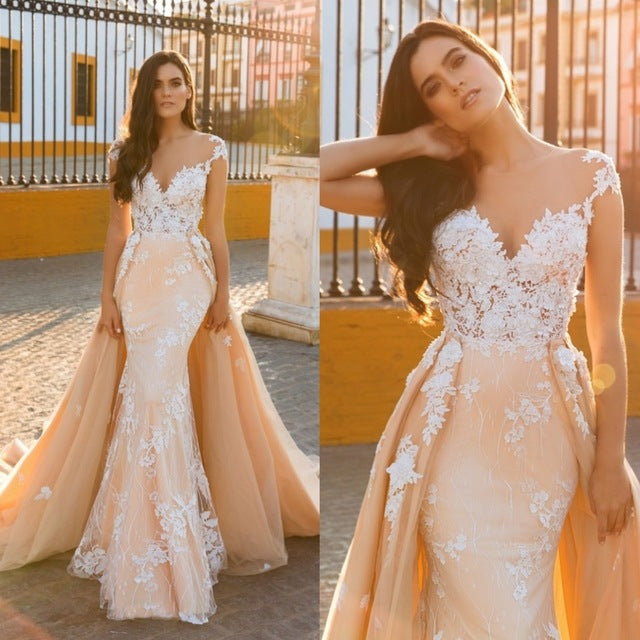 Sweetheart Cap Sleeves Lace Appliques Mermaid Wedding Dress Overskirt