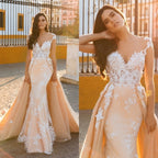 Sweetheart Cap Sleeves Lace Appliques Mermaid Wedding Dress Overskirt