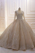 Beautiful Long Sleeve V Neck Ball Gown Wedding Dress With Sequins Beads Ruffles