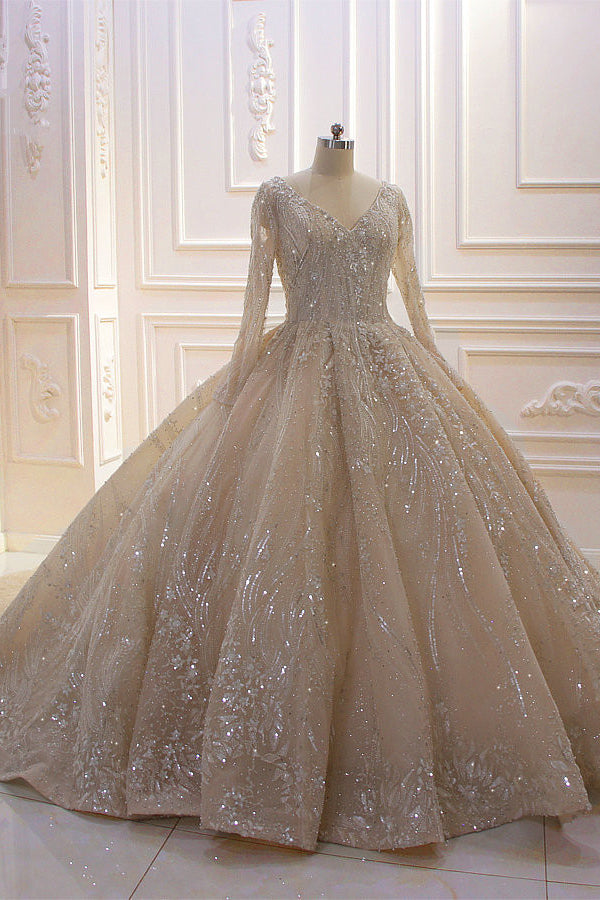 Beautiful Long Sleeve V Neck Ball Gown Wedding Dress With Sequins Beads Ruffles