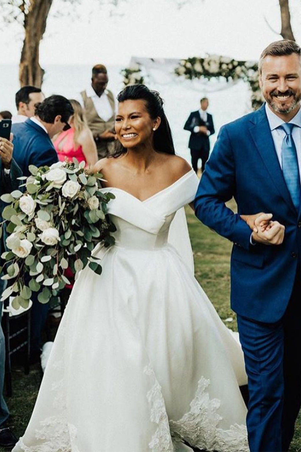 Chic White Off The Shoulder Ball Gown Wedding Dress With Lace