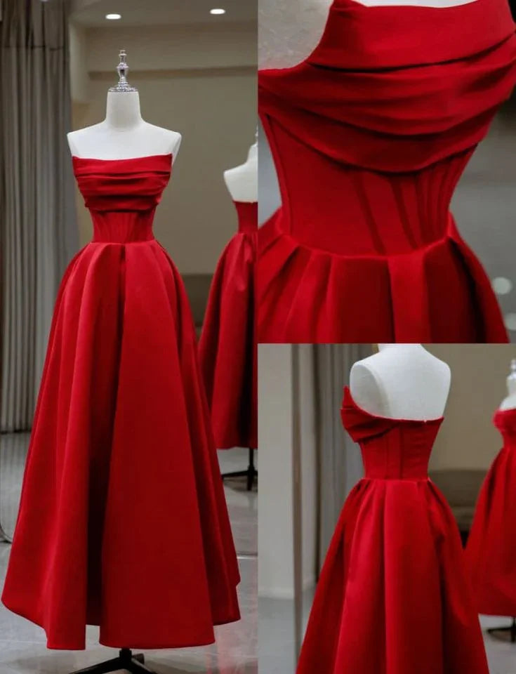 Vestido de noche elegante de satén sin espalda con cuello plano, plisado, largo hasta el suelo, línea en A, vestido de gala Y6815