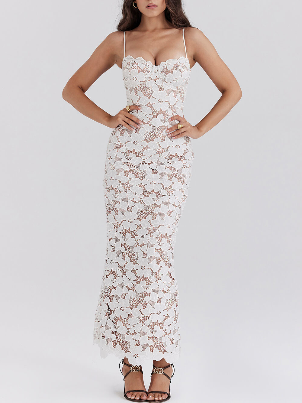 Abito Midi in Pizzo Trasparente con Scollo a Triangolo, Elegante e Sensuale