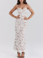 Abito Midi in Pizzo Trasparente con Scollo a Triangolo, Elegante e Sensuale