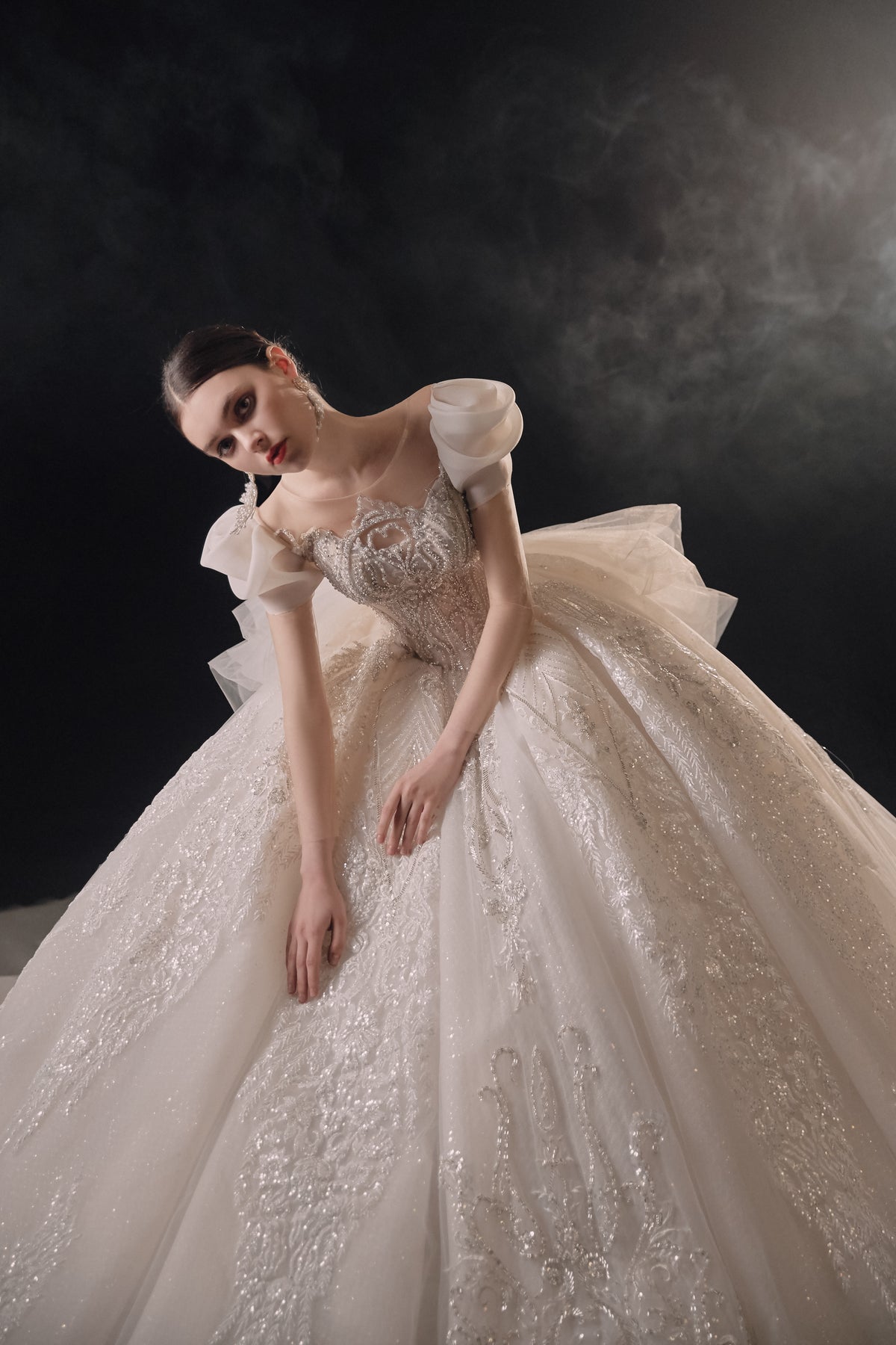Vestido de Noiva Real com Mangas Bufantes, Bola de Cristal, Cauda de Catedral e Aplicações de Renda 3D