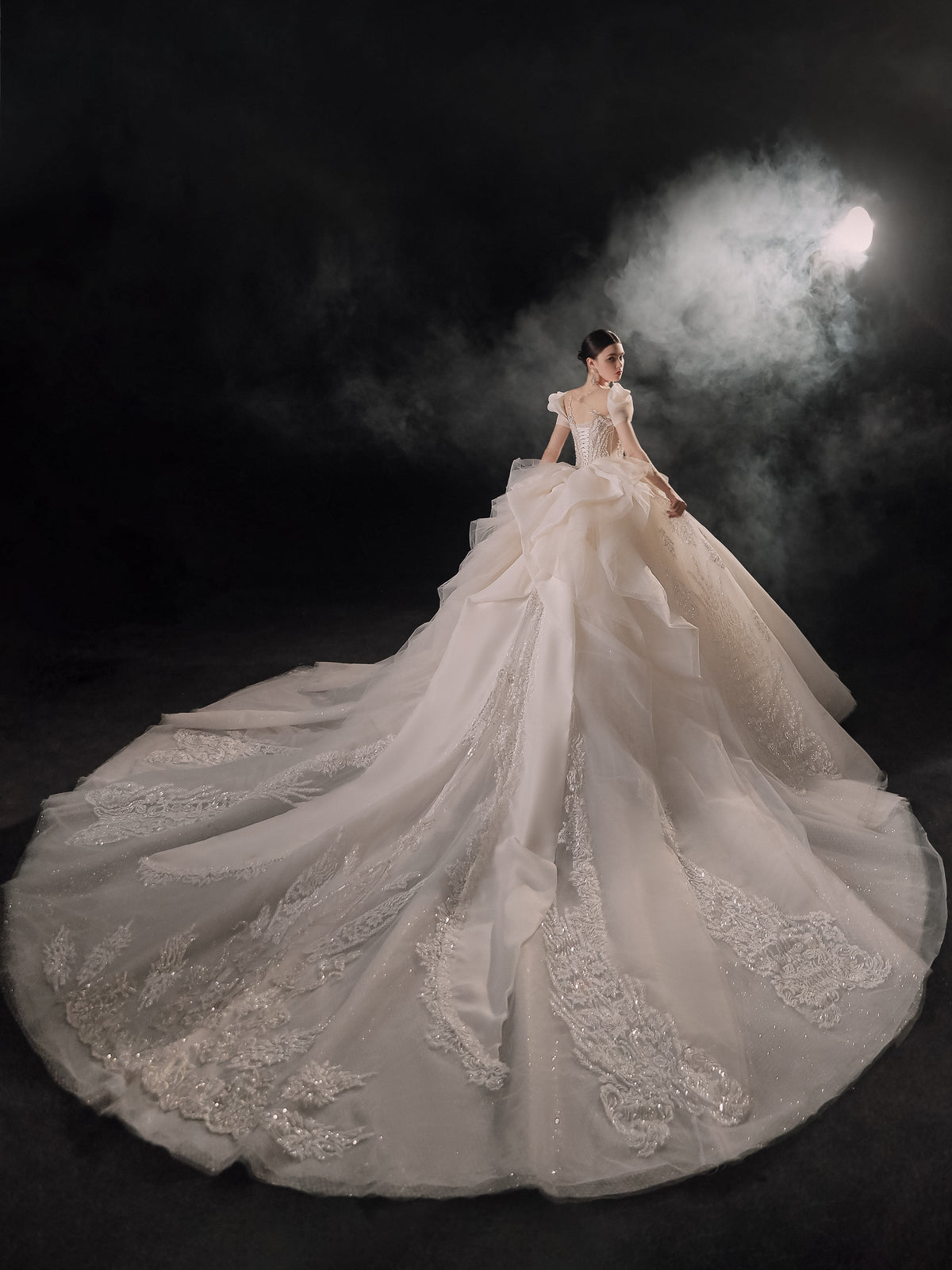 Vestido de Noiva Real com Mangas Bufantes, Bola de Cristal, Cauda de Catedral e Aplicações de Renda 3D