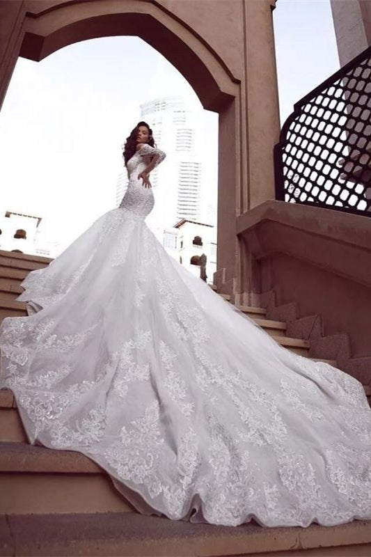 Off the Shoulder Beaded Mermaid Wedding Dress with Lace Appliques