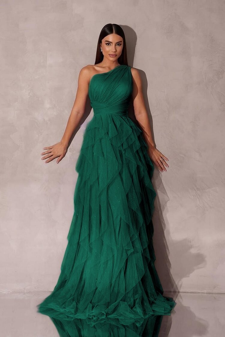Chic One Shoulder Sleeveless Long Prom Dress With Tulle Ruffle