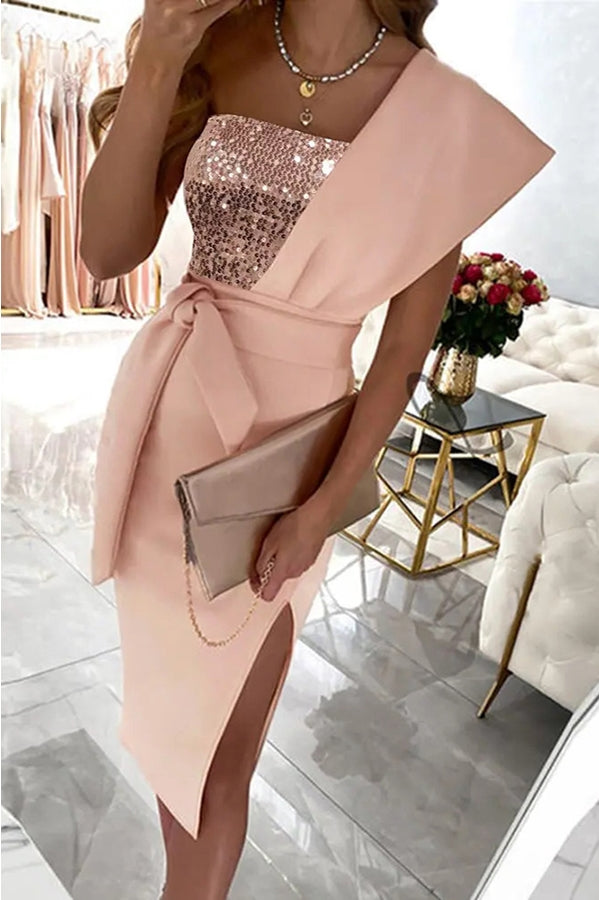 Abito Midi Monospalla con Applique di Paillettes "Giornata Incantevole"