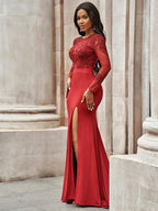 Vestidos de Baile de Cetim com Renda, Manga Comprida, Estilo Sereia, com Fenda Deslumbrantes