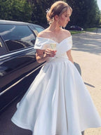 Modest Off The Shoulder Short A Line Satin Strapless Wedding Dress
