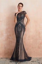 Robe longue de bal à perles de sirène élégante avec manches courtes