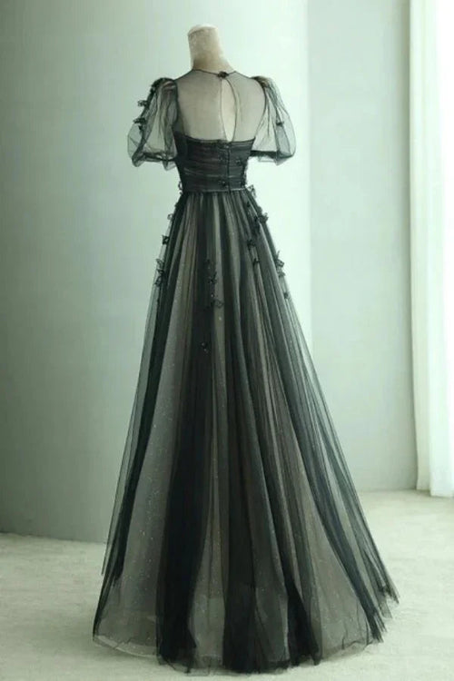 A Line Black Puff Sleeves Tulle Long Prom Dress Black Formal Evening Dress Y7334