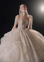 Regal High-Neck Crystal Ball Gown Wedding Dress with Cathedral Train & Cascading Beads