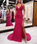 Vestido de fiesta rojo brillante con escote en V, abertura y abertura lateral estilo sirena