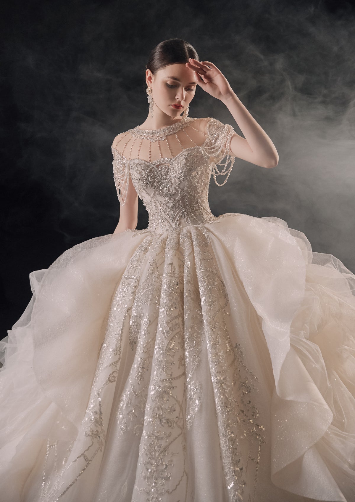 Regal High-Neck Crystal Ball Gown Wedding Dress with Cathedral Train & Cascading Beads