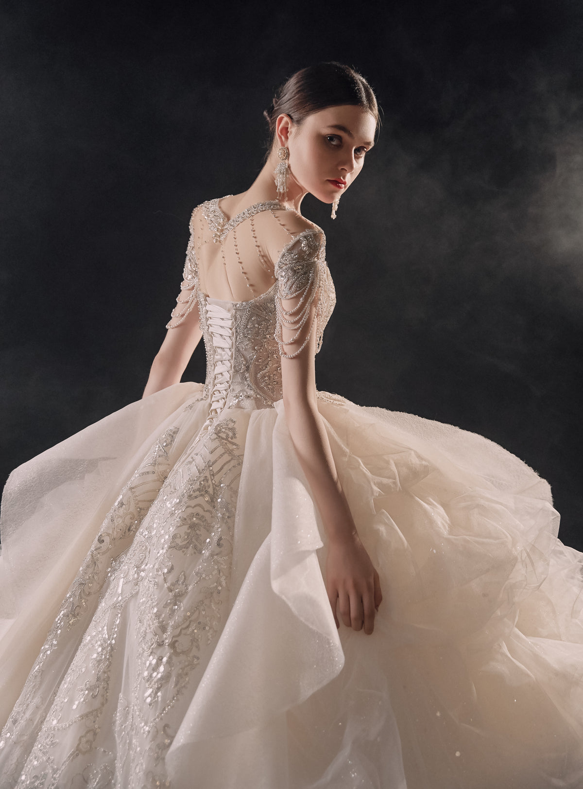 Regal High-Neck Crystal Ball Gown Wedding Dress with Cathedral Train & Cascading Beads