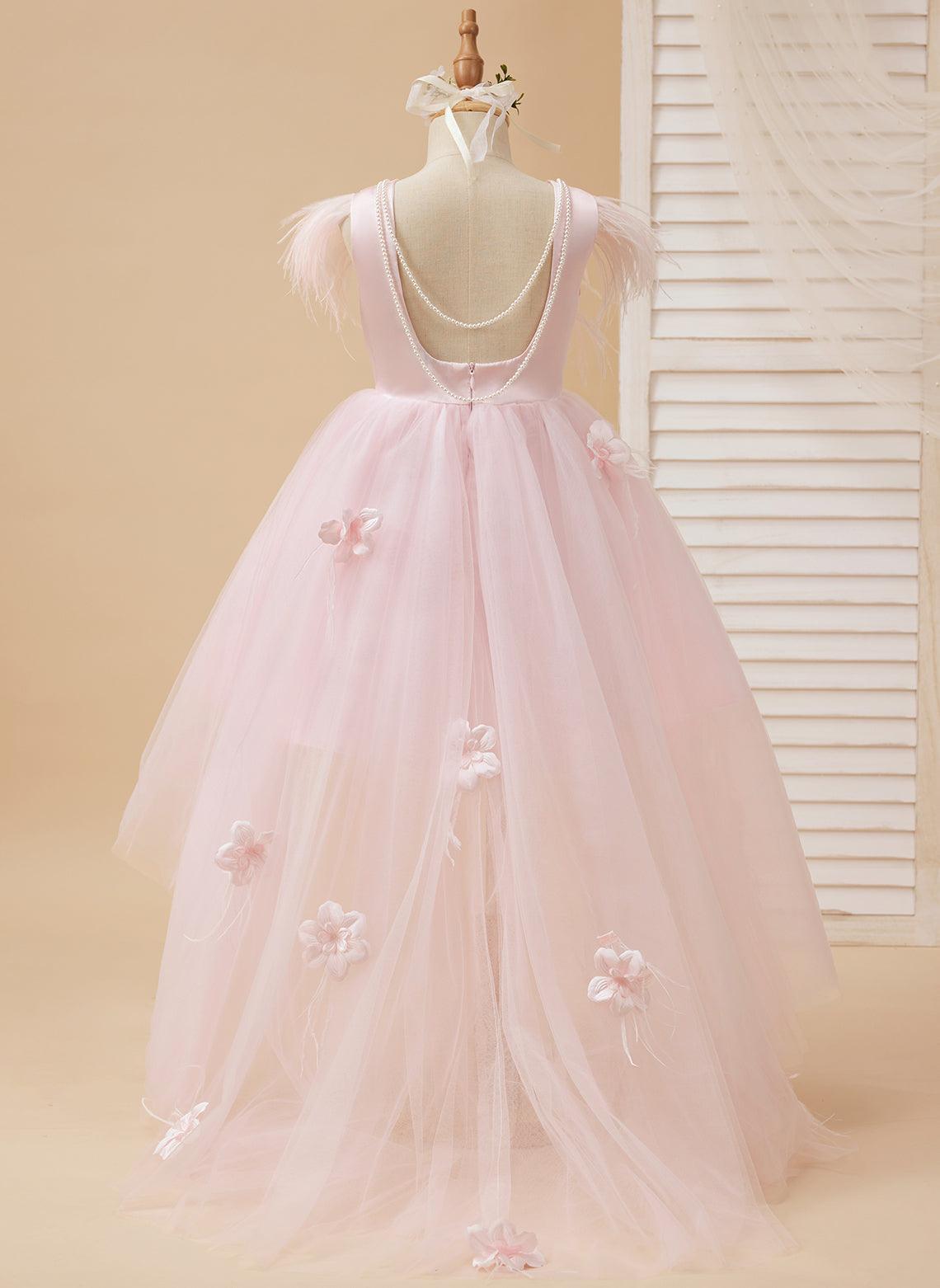Princess Sleeveless Tulle Flower Girl Dress with Beading and Feather Bow (010224704)