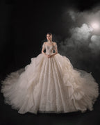 Regal High-Neck Crystal Ball Gown Wedding Dress with Cathedral Train & Cascading Beads