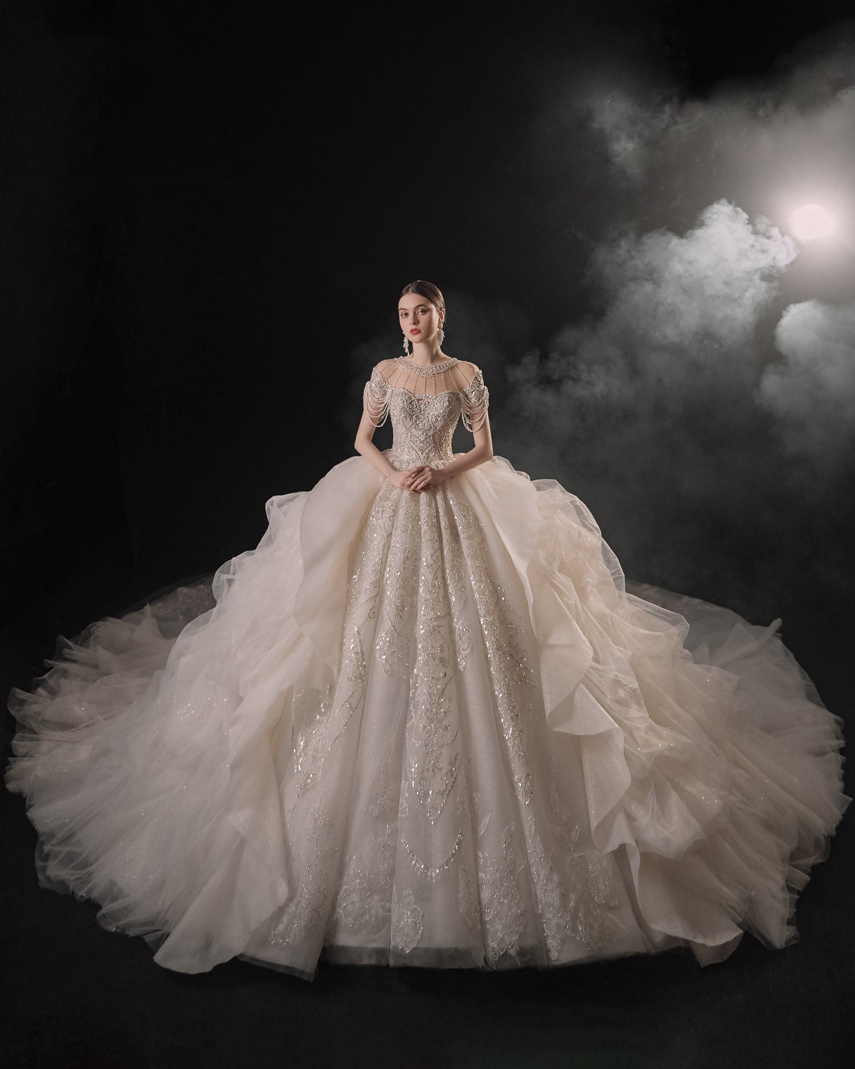 Regal High-Neck Crystal Ball Gown Wedding Dress with Cathedral Train & Cascading Beads
