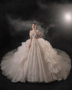 Regal High-Neck Crystal Ball Gown Wedding Dress with Cathedral Train & Cascading Beads