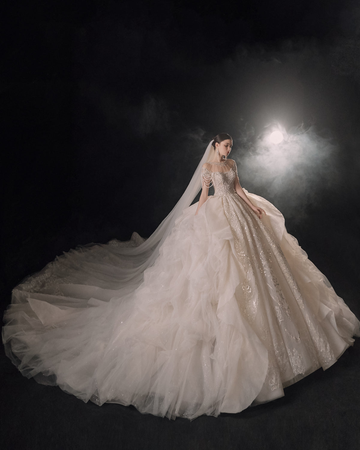 Regal High-Neck Crystal Ball Gown Wedding Dress with Cathedral Train & Cascading Beads